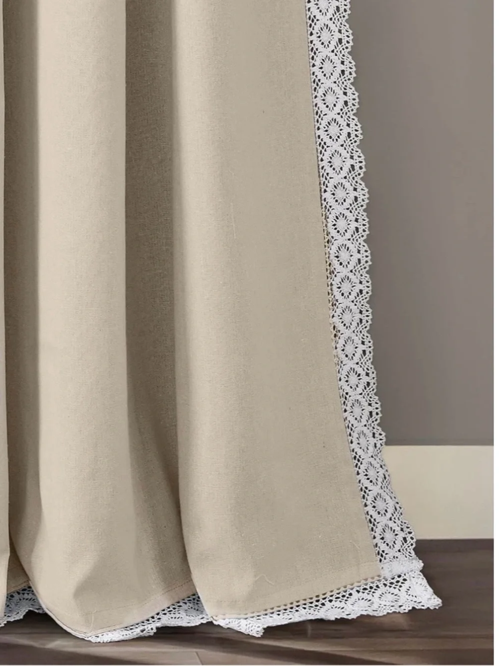 Pair Lush Decor Linen Look Beige Curtain Panels with White Lace Trim -NWT